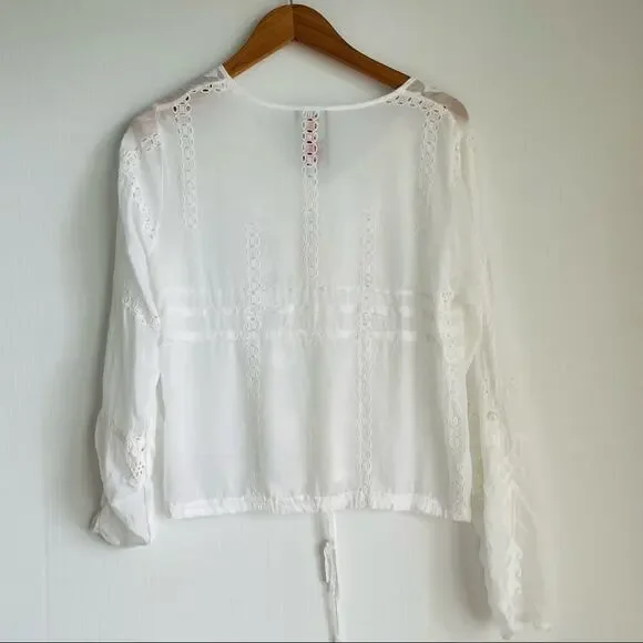 Johnny Was embroidered sheer cardigan jacket button front top tie waist XS white - Picture 7 of 12